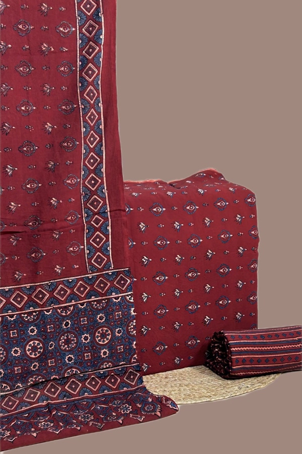 3pc Ajrakh Intricate HandCrafted Dupatta with Top Bottom Set