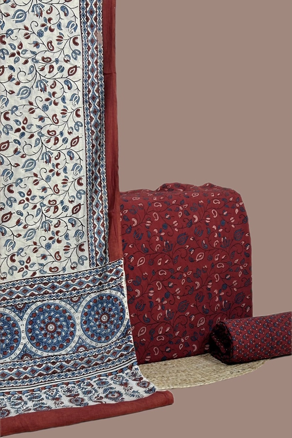3pc Ajrakh Intricate HandCrafted Dupatta with Top Bottom Set