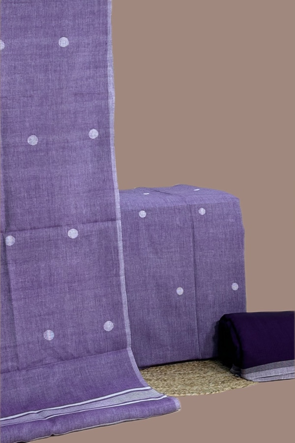 3Pc Set (3mtr Top) Handloom Cotton Dupatta with Woven Motif Top & Handloom Soft Cotton Bottom Fabric Set