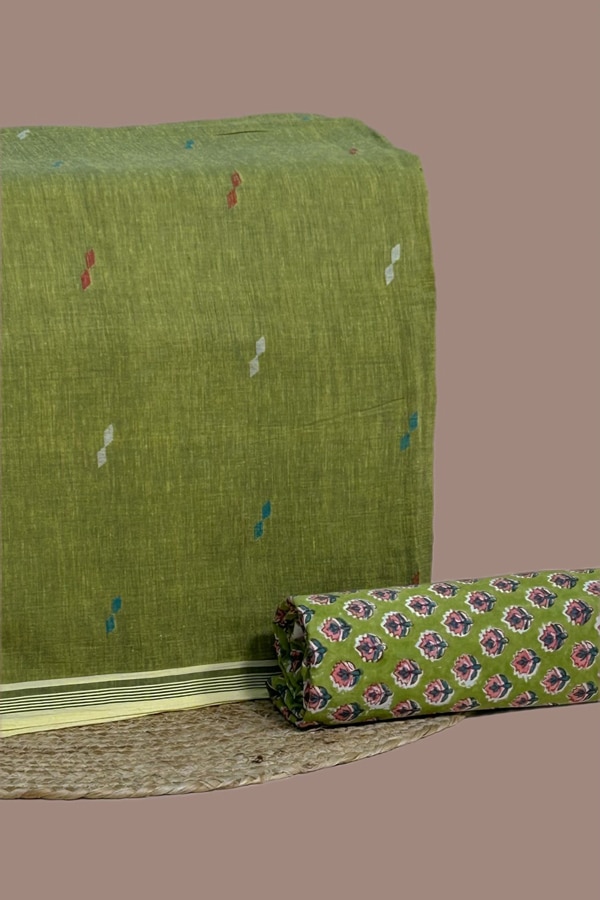 2pc Handloom Woven Design Cotton Top and Blockprint Cotton Bottom Fabric Set