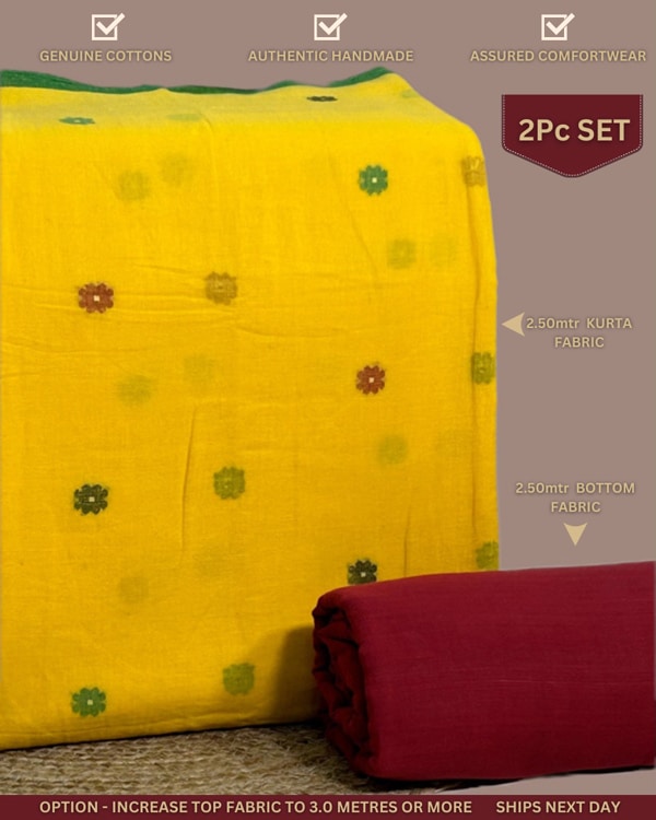 2pc Handloom Woven Design Cotton Top and Handloom Soft Cotton Bottom Fabric Set
