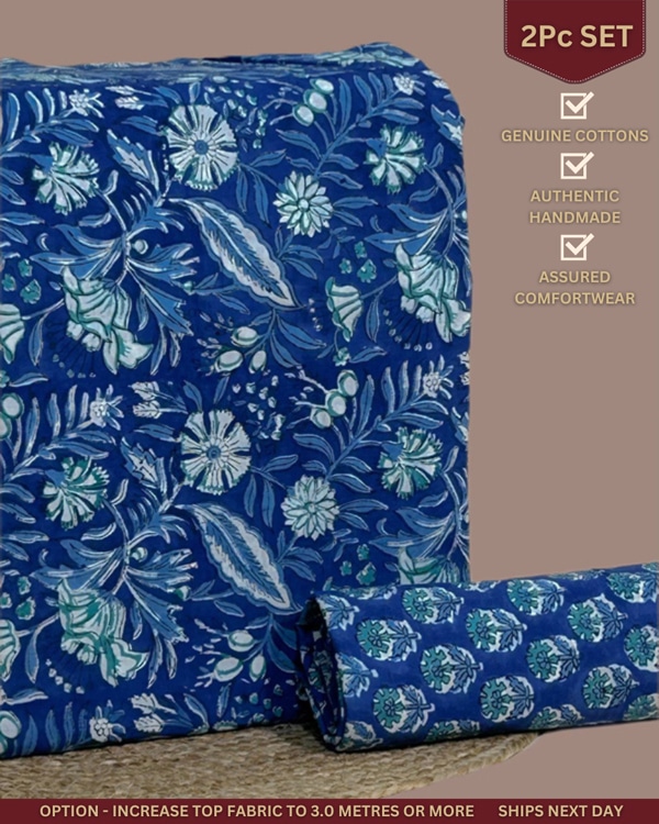 2pc Pure Soft Cotton Blockprinted Top and Bottom Fabric Set
