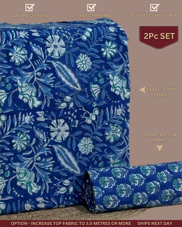 2pc Pure Soft Cotton Blockprinted Top and Bottom Fabric Set