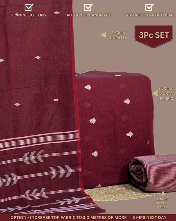 3Pc Handloom Cotton Dupatta with Woven Motif Top & Handloom Soft Cotton Bottom Fabric Set