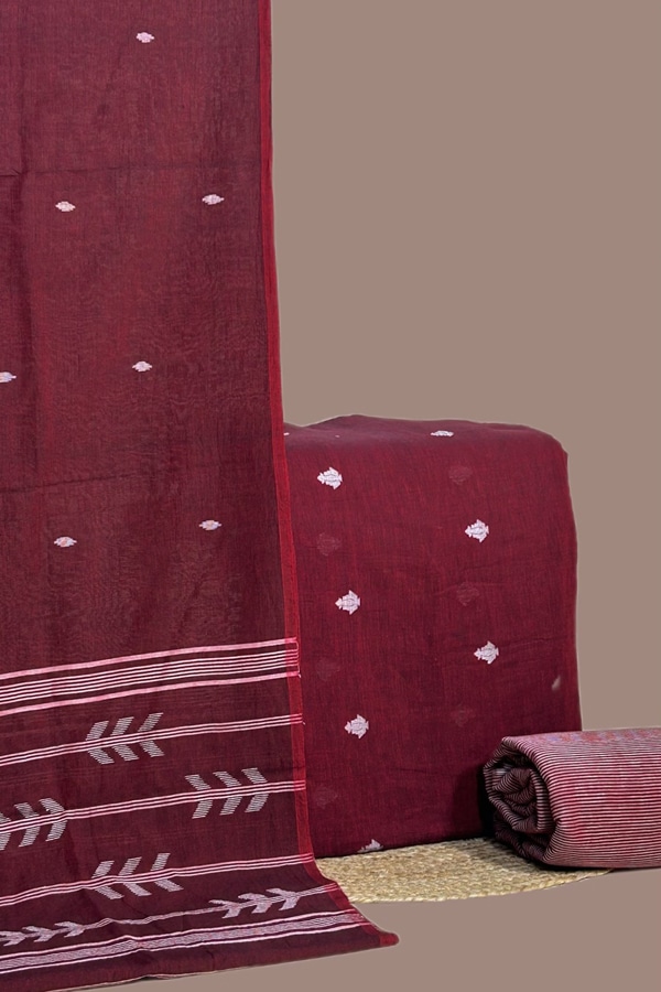3Pc Handloom Cotton Dupatta with Woven Motif Top & Handloom Soft Cotton Bottom Fabric Set