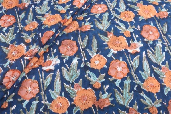 Oxford Blue Floral Handblock Printed 100% Pure Soft Cotton Fabric