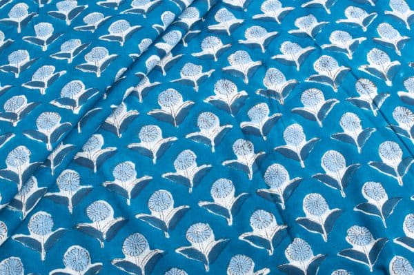 Eelctric Blue Floral Handblock Printed 100% Pure Soft Cotton Fabric