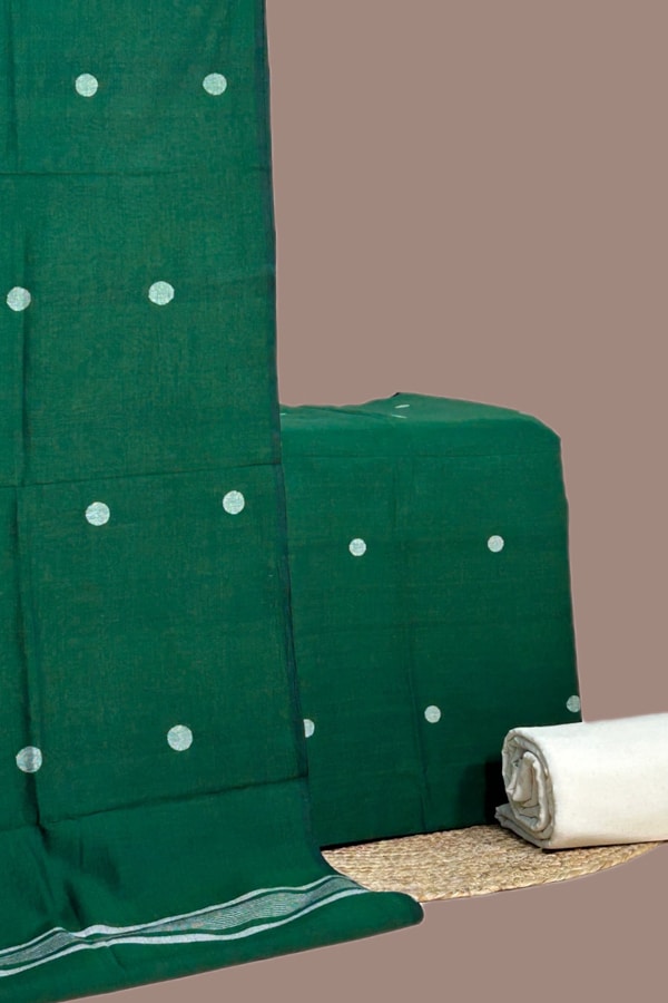3Pc (3mtr Top) Handloom Cotton Dupatta with Woven Motif Top & Handloom Soft Cotton Bottom Fabric Set