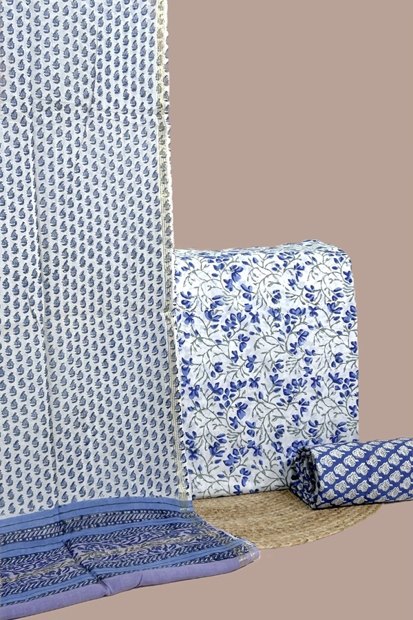 3Pc Blockprinted Soft Cotton Dupatta with Pure Soft Cotton Top & Bottom Fabric Set