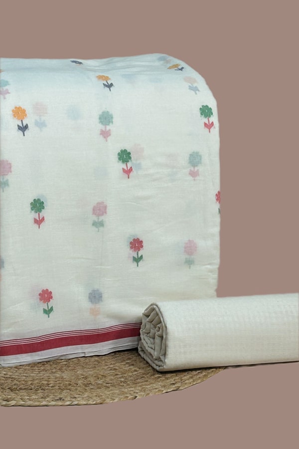 2pc Handloom Woven Design Cotton Top and Handloom Self Checks Soft Cotton Bottom Fabric Set