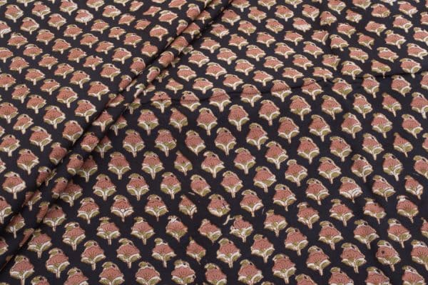 Pre-Cut 1.20m Black Floral Handblock Printed 100% Pure Soft Cotton Fabric