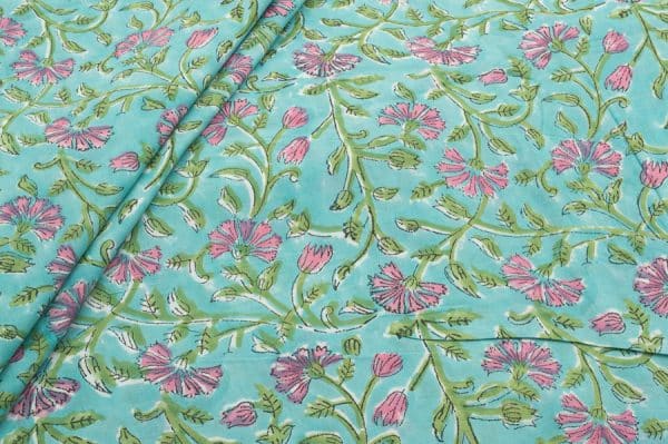 Pre-Cut 1.70m Turquoise Blue Floral Handblock Printed 100% Pure Soft Cotton Fabric