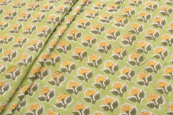 Pre-Cut 1.50m Bamboo Green Floral Handblock Printed 100% Pure Soft Cotton Fabric