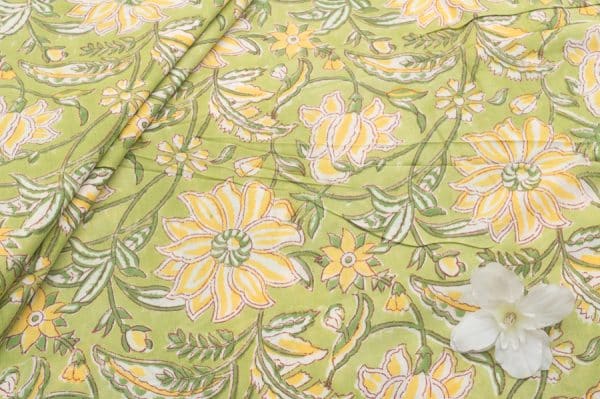 Pre-Cut 2m Bamboo Green Floral Handblock Printed 100% Pure Soft Cotton Fabric