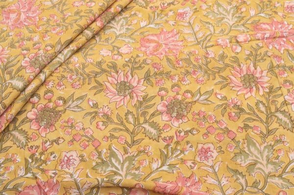 Pastel Yellow Floral Handblock Printed 100% Pure Soft Cotton Fabric