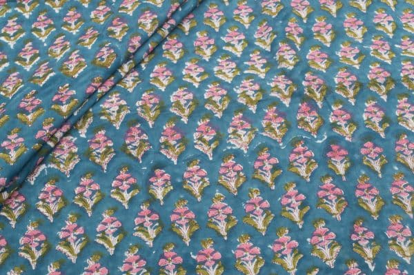 Sea Blue Floral Handblock Printed 100% Pure Soft Cotton Fabric