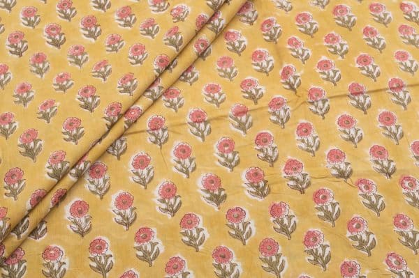 Pastel Yellow Floral Handblock Printed 100% Pure Soft Cotton Fabric