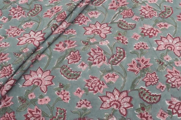 BattleShip Gray Floral Handblock Printed 100% Pure Soft Cotton Fabric