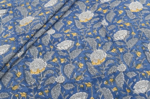 Capri Blue Floral Handblock Printed 100% Pure Soft Cotton Fabric