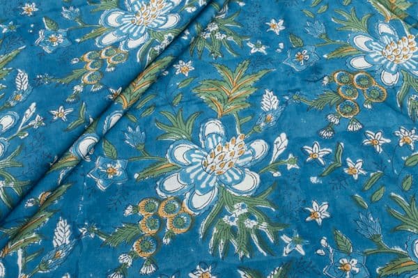 Bahama Blue Floral Handblock Printed 100% Pure Soft Cotton Fabric