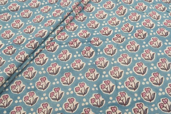 Pre-Cut 1.20m Pale Pastel Blue Floral Handblock Printed 100% Pure Soft Cotton Fabric