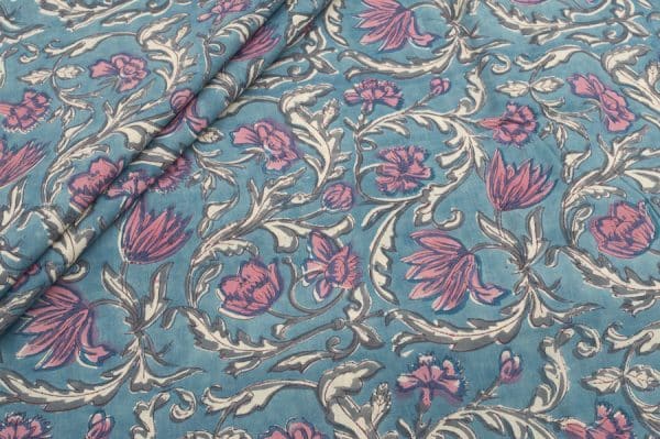 Pre-Cut 2m Light Denim Blue Floral Handblock Printed 100% Pure Soft Cotton Fabric