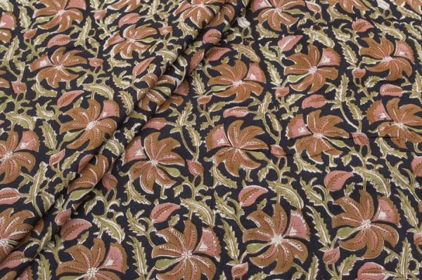 Black Floral Handblock Printed 100% Pure Soft Cotton Fabric