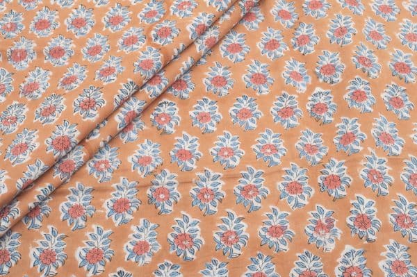 Carot Orange Floral Handblock Printed 100% Pure Soft Cotton Fabric