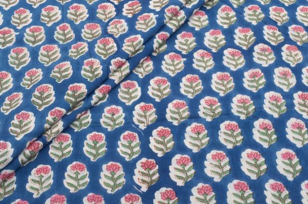Cobalt Blue Floral Handblock Printed 100% Pure Soft Cotton Fabric