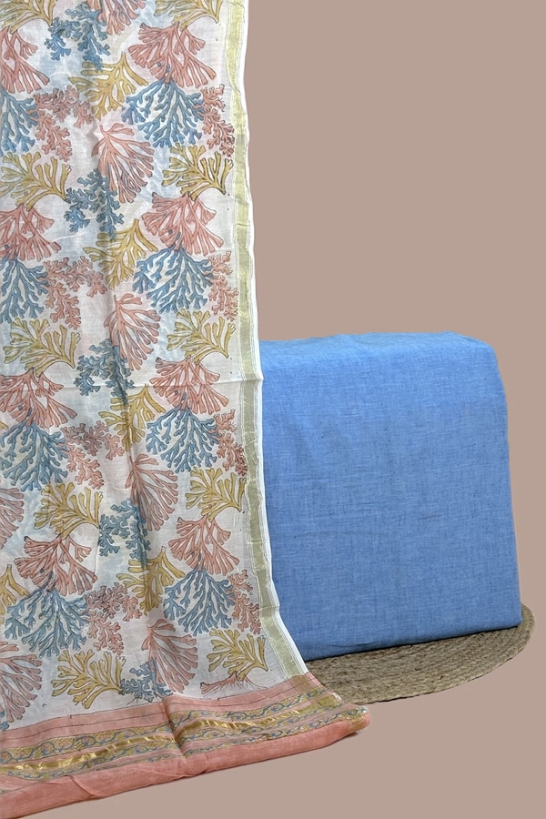 2Pc Chanderi Silk Dupatta and Handloom Soft Cotton Top Fabric Set