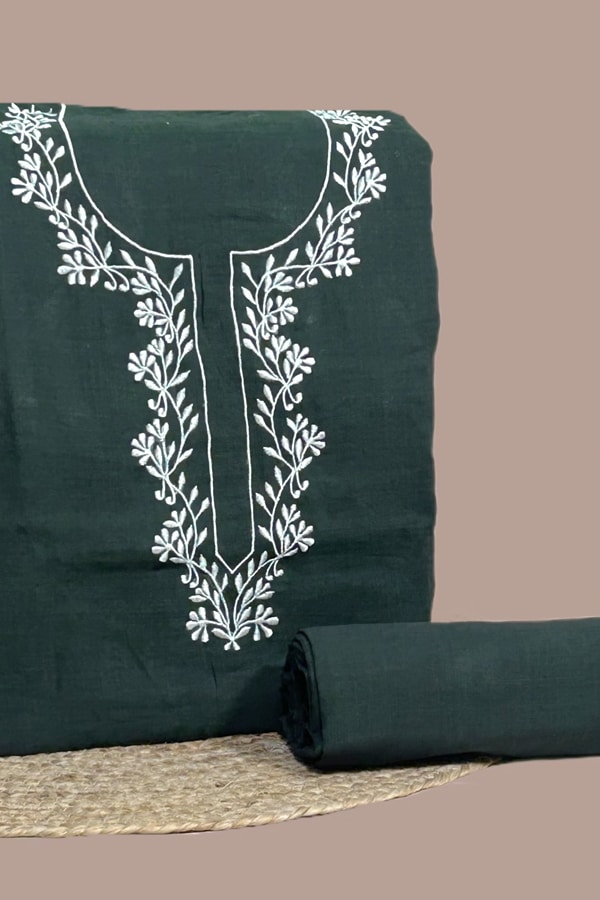2Pc Handloom Embroidered Neck Design Soft Cotton Top(3m) Bottom(2.5m) Fabric Set