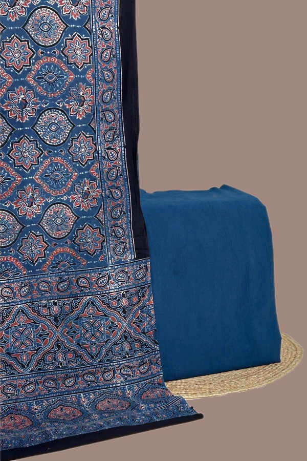 2pc Ajrakh HandCrafted Cotton Dupatta and Plain Dyed Top Cotton Fabric Set