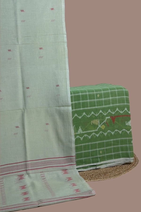 2pc Handloom Cotton Dupatta and Jamdani Intricate Woven Border Top Fabric Set