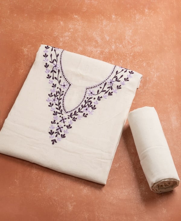 2Pc Handloom Embroidered Neck Design Soft Cotton Top(3m) Bottom(2.5m) Fabric Set
