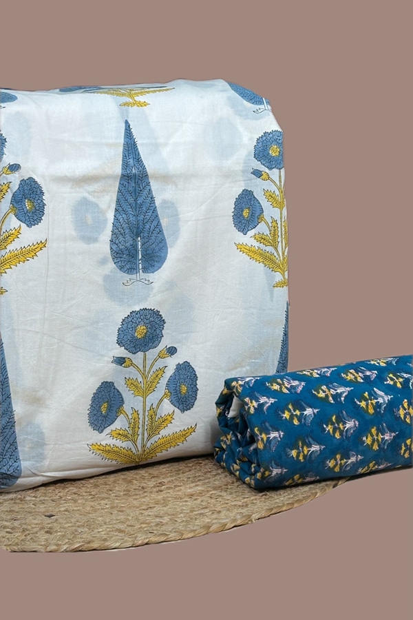 2pc Pure Soft Cotton Blockprinted Top and Bottom Fabric Set