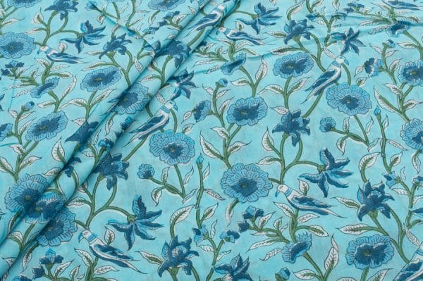 Pre-Cut 1.50m Cyan Blue Floral Handblock Printed 100% Pure Soft Cotton Fabric