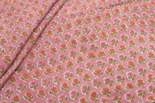 Pre-Cut 2.30m Coral Pink Mul Floral Handblock Printed 100% Pure Soft Cotton Fabric