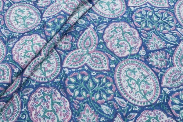 True Blue Floral Handblock Printed 100% Pure Soft Cotton Fabric