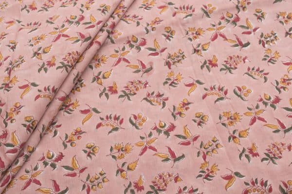 Light Salmon Pink Floral Handblock Printed 100% Pure Soft Cotton Fabric