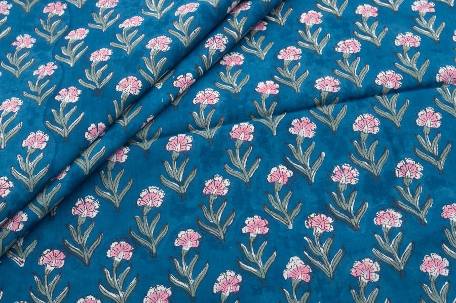 Sea Blue Floral Handblock Printed 100% Pure Soft Cotton Fabric Sea Blue Floral Handblock Printed 100% Pure Soft Cotton Fabric - Image 1