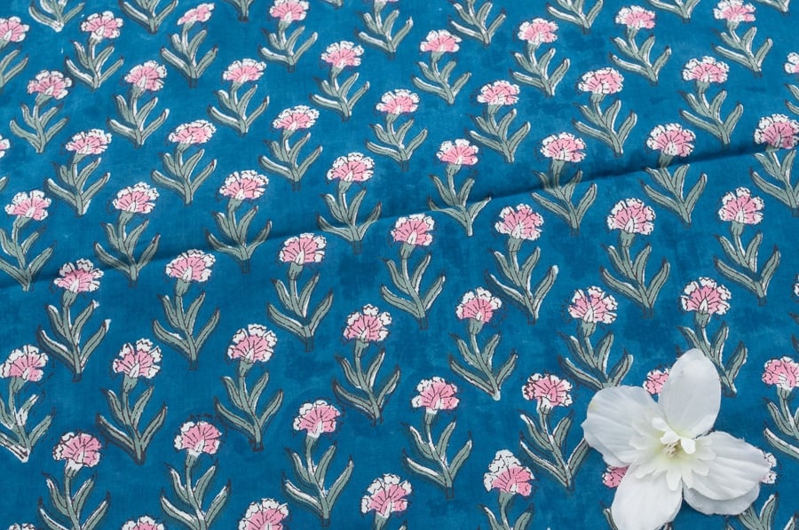 28750 (2) Sea Blue Floral Handblock Printed 100% Pure Soft Cotton Fabric - Image 2