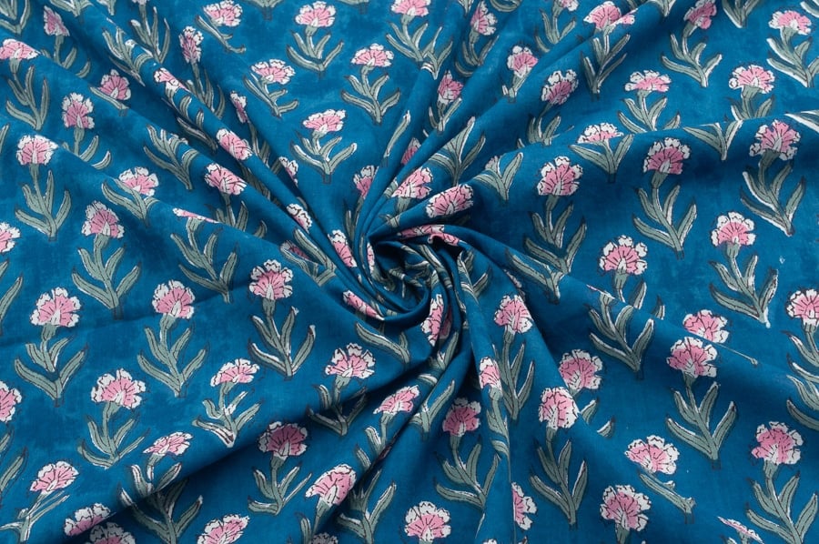 28750 (3) Sea Blue Floral Handblock Printed 100% Pure Soft Cotton Fabric - Image 3