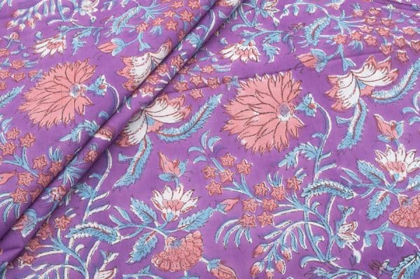 Amethyst Purple Floral Handblock Printed 100% Pure Soft Cotton Fabric