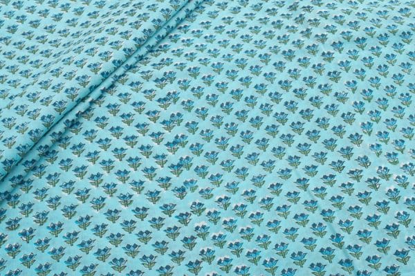 Pastel Blue Floral Handblock Printed 100% Pure Soft Cotton Fabric