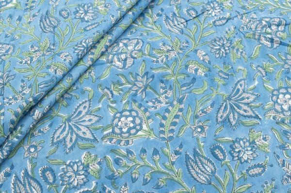 Electric Blue Floral Handblock Printed 100% Pure Soft Cotton Fabric