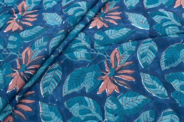 Indigo Blue Floral Handblock Printed 100% Pure Soft Cotton Fabric