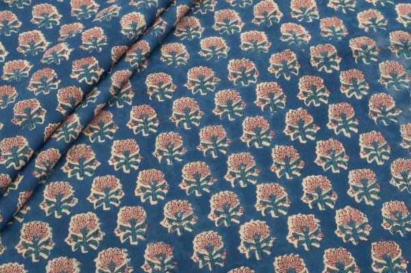 Capri Blue Floral Handblock Printed 100% Pure Soft Cotton Fabric