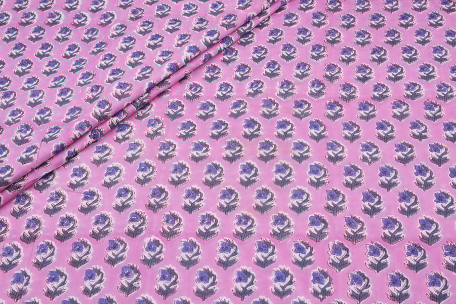 28761 (1) Rose Pink Floral Handblock Printed 100% Pure Soft Cotton Fabric - Image 1