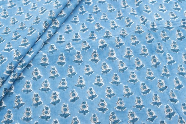 Sky Blue Floral Handblock Printed 100% Pure Soft Cotton Fabric