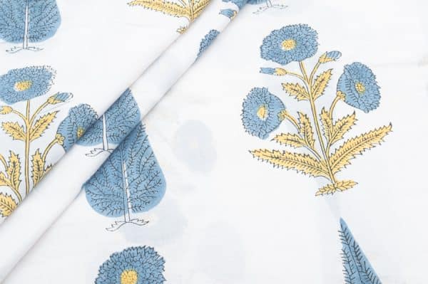 White Floral Handblock Printed 100% Pure Soft Cotton Fabric